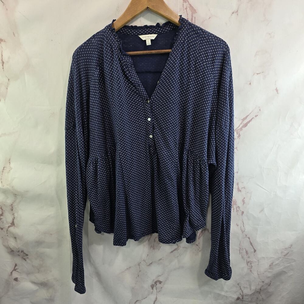 Lucky Brand Shirt Womens Large Blue Navy V Neck Long Sleeve Notch Popover Notch